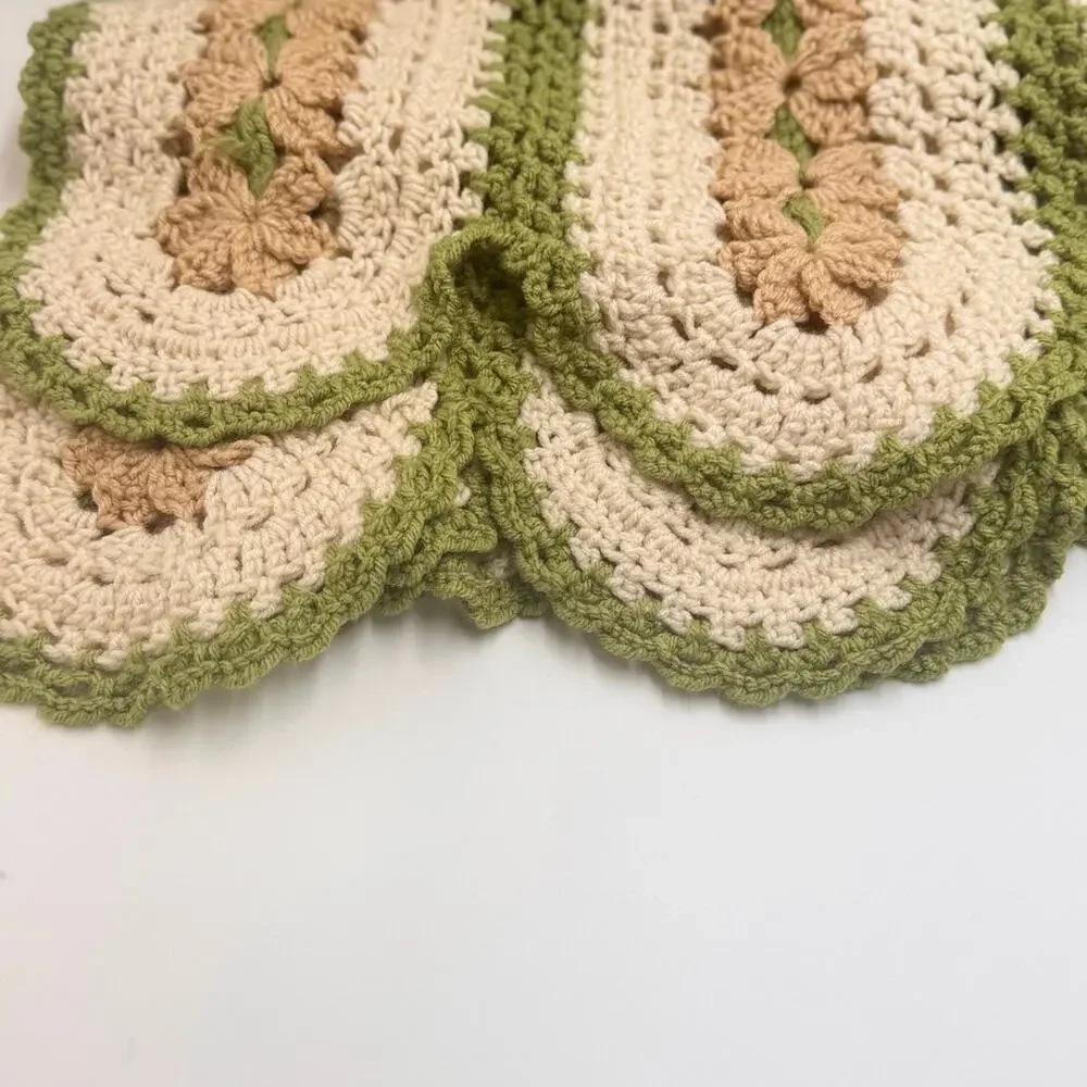 Handmade Crochet Throw Blanket Cream Green Tan Scalloped Afghan 62